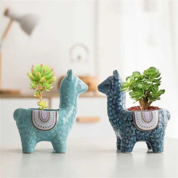 Planters Pots Ceramic alpaca flower pot with cute European style Fleshy Nordic home decoration cartoon animal plant balcony new decorative b