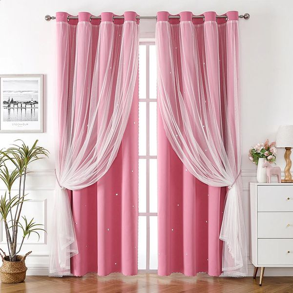 Curtain Star Curtains for Girls bedroom blackout curtains double-layer transparent covering with bow lace suitable 240828