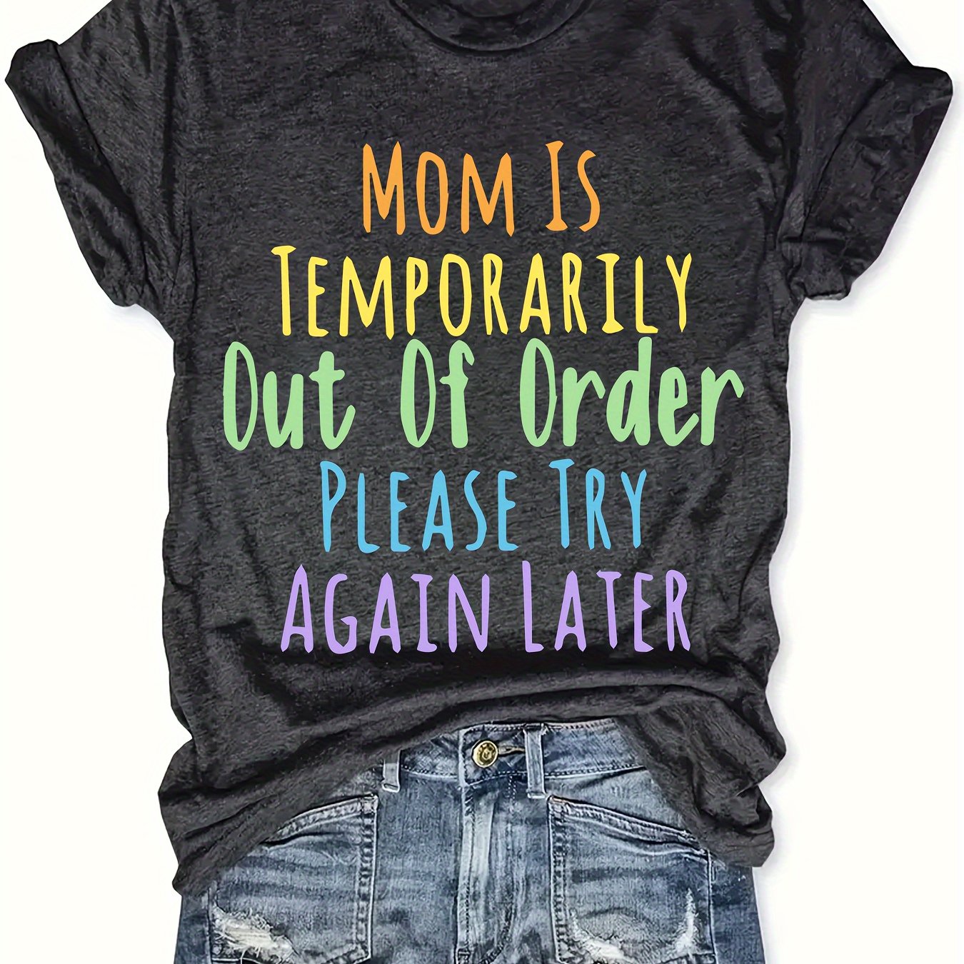 TEMU Momistempor Women's Plus Size Graphic T-shirt - "mom Is Temporarily Order" Funny Slogan Tee, Black Casual Short Sleeve Round Neck Top For Spring