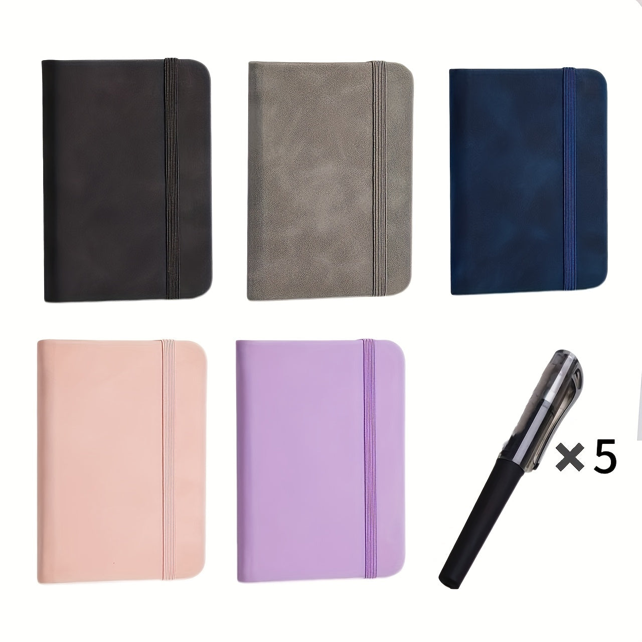TEMU 10pcs Leather Pocket Notebook Set With Matching Pens - Portable Mini Journal, 100 Pages Each, Elastic Closure Organizer For Travel, Office,