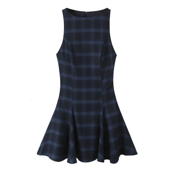 UNIZARA retro slim fit plaid sleeveless round neck wide swing short skirt mini winter slimming dress for women 250206