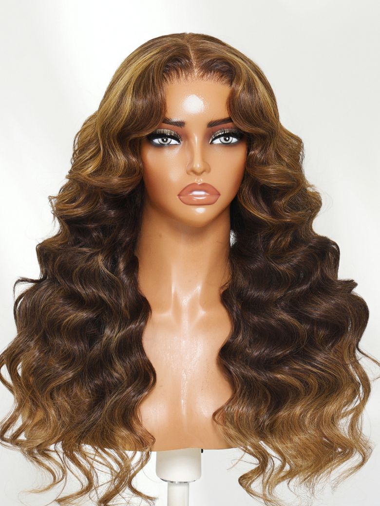 UNice 13x4 Pre-Everythingâ¢ Lace Frontal Brown Balayage Loose Wave Glueless Drawstring Wig with Layered Curtain Bangs