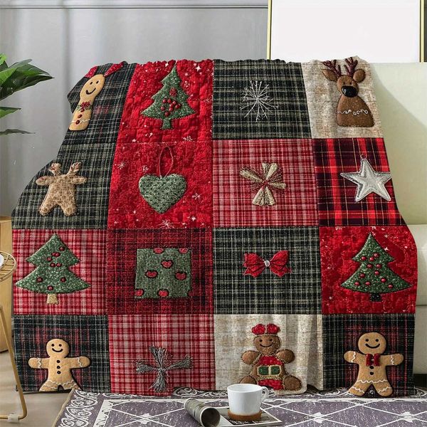 1pc Rustic Plaid Christmas Star Gingerbread Man Christmas Tree Floral Print Throw Blanket Soft Warm Knitted Polyester FlannelXJ241210