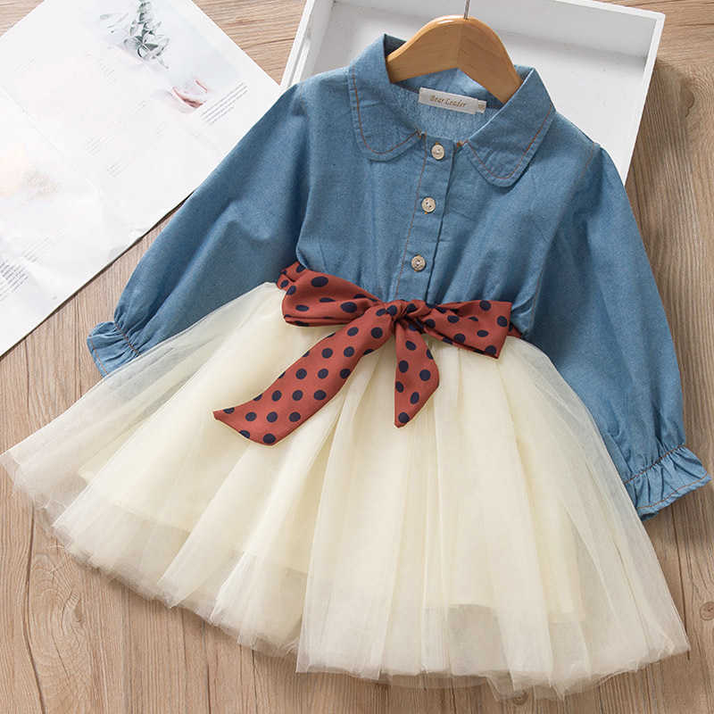 Girl&#039;s Dresses 2024 Spring and Autumn Korean version girls&#039; dress, children&#039;s fashion long sleeved denim yarn skirt, polka dot belt