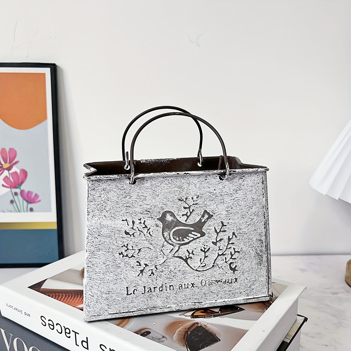 TEMU 1pc Handbag Planter With Rustic Bird & - "le Jardin Aux Oiseaux" Inspired, Rust-resistant Indoor-outdoor Decorative Vase For Home, Garden, Or