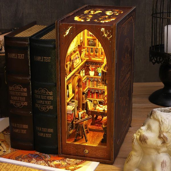 Bookshelf set wooden mini dollhouse mini assembly building model 3D puzzle Bookshelf room Bookend toy childrens birthday gift 250110