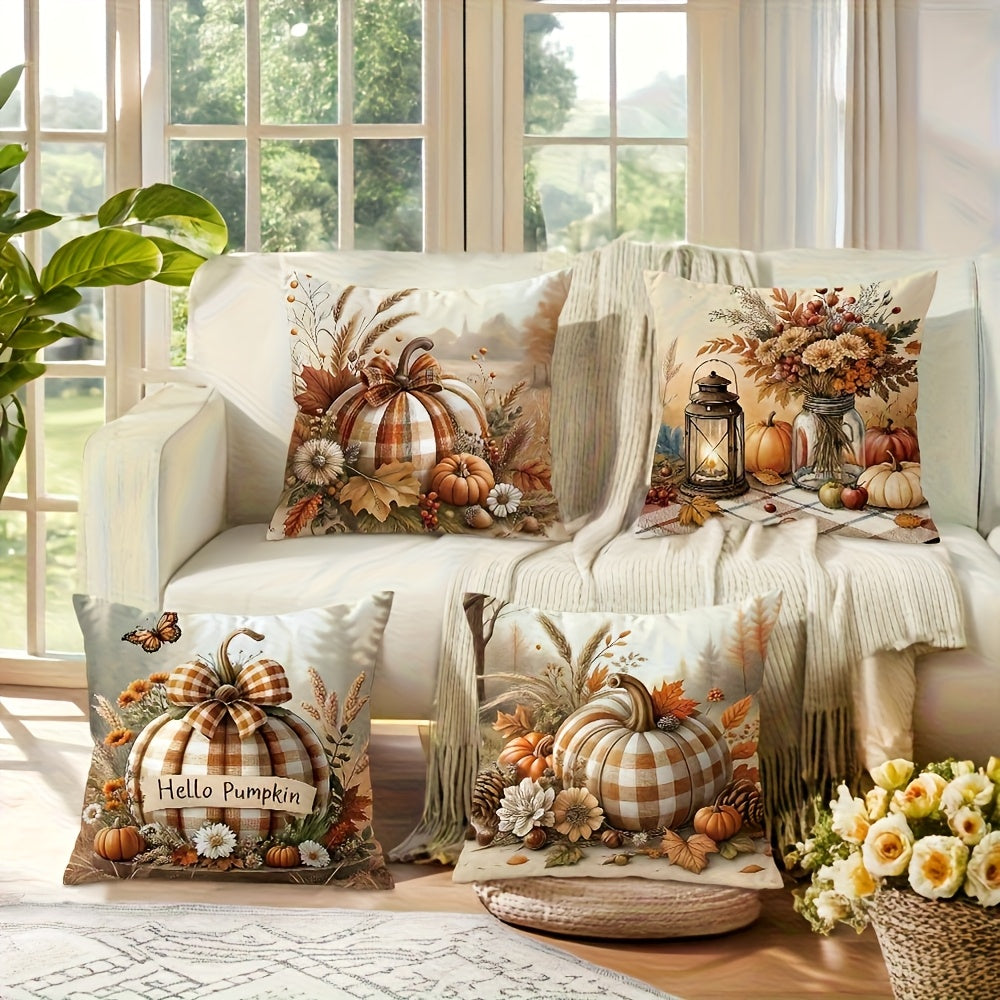 TEMU 4pcs, Peach Plush Autumn Pillow Covers, Checkered Decorative Pillowcases With Zipper Closure, Comfortable Polyester Cushion Covers For Porch,