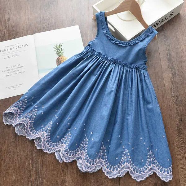 2022 New Summer Girls Dress Vest Denim Embroidery Casual Sleeveless Party Princess Dress ChildrenS Baby Kids Girls ClothingY240809