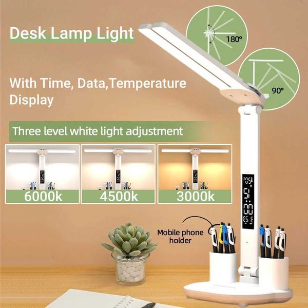 New USB LED clock dimmable desk lamp with 2 heads and 180 degree rotating foldable desk lamp X241122