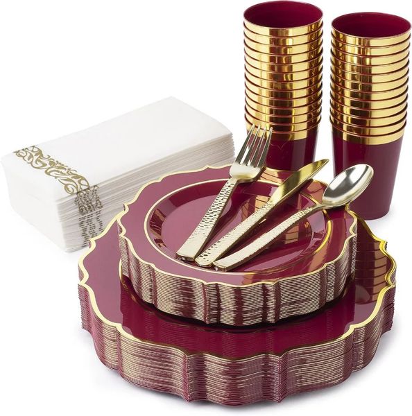 Burgundy Plates Disposable-175Pcs25 GuestRed Dinner Plates25 Dessert PlatesRed CupsRed Plastic Silverware 241022