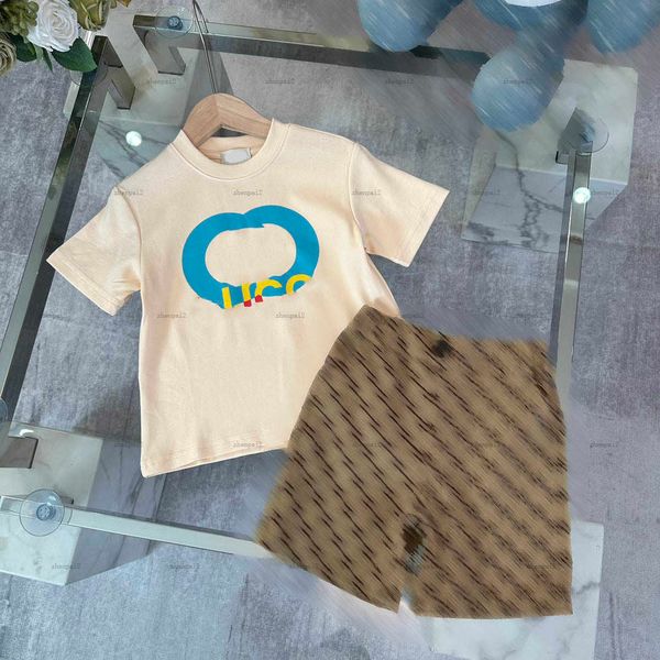 Luxury kids tracksuits Short sleeve baby T-shirt set Size 100-150 CM Summer two-piece set boys t shirt and Grid logo full print shorts