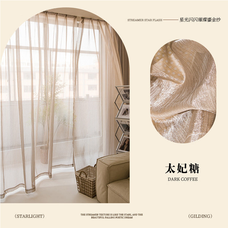 T0379 Gilded gauze French light luxury gauze curtain dream gauze translucent semi-transparent gauze curtain living room balcony gauze floating windo