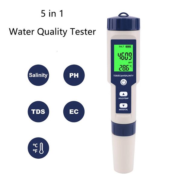 5 in 1 Water Quality Tester Digital TDS-EC-PH-Salinity-Temperature Meter for Pools Aquariums Water Quality Detector 240320