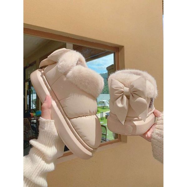 Bow Knot Short Ankle Snow Boots Winter Plush And Thick Insulation Waterproof PU Cotton Household Shoes Home Slipper Women