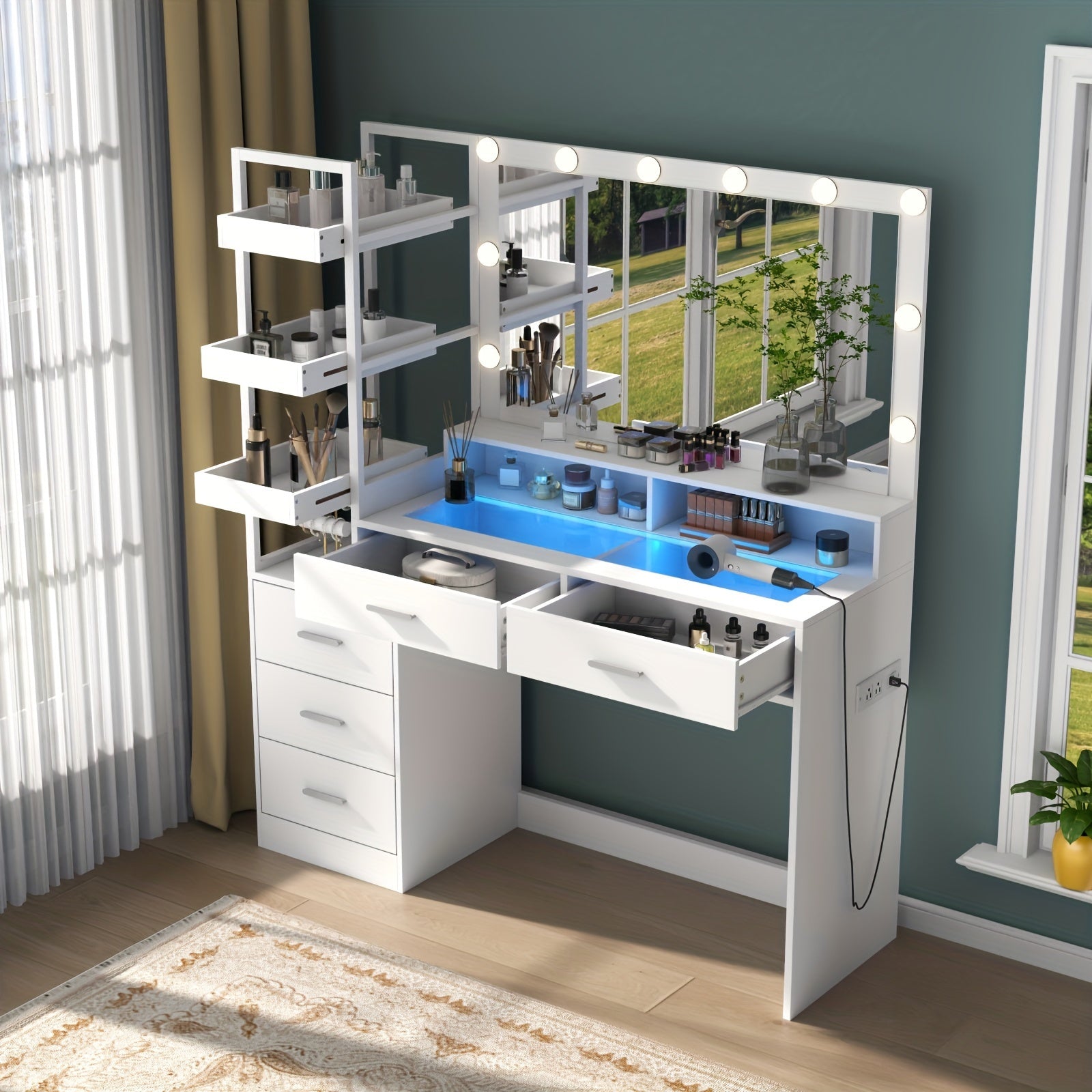 TEMU Makeup Vanity Table With Vanity Mirror, 8 Drawer Tempered Glass Top Vanity Dressing Table With 3 Lighting For Bedroom And Powder Room