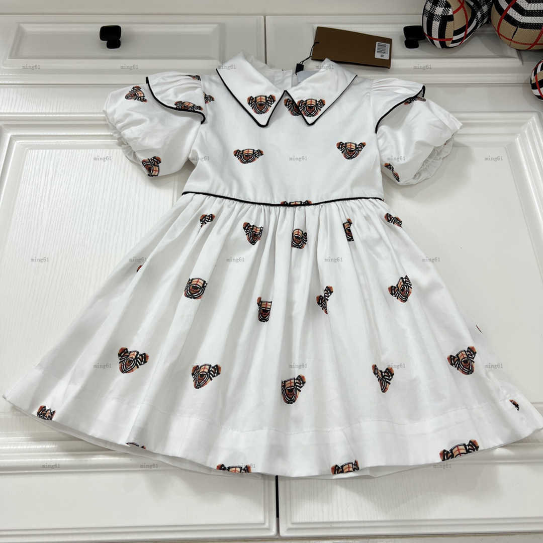 designer girl lapel dressshirt brand kids Printing dresses for big girls fashion dress hubble-bubble sleeve Short sleeve cotton dress Pleated skirt