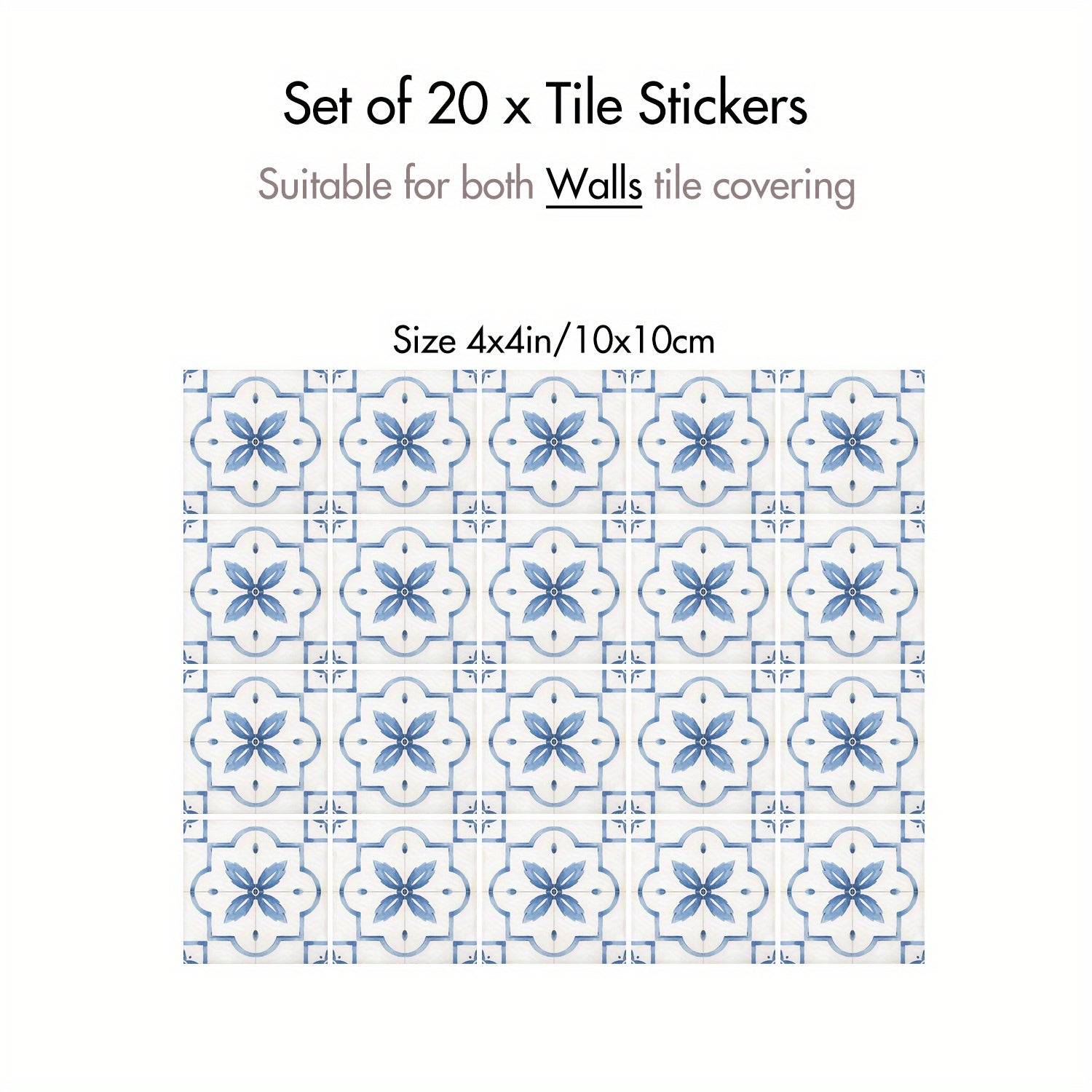 TEMU 20pcs Bohemian Floral Peel And Stick Tile Stickers - Waterproof Vinyl Wall Decals For Kitchen, Bathroom, And Living Room Decor, 4x4 Inches, Blue