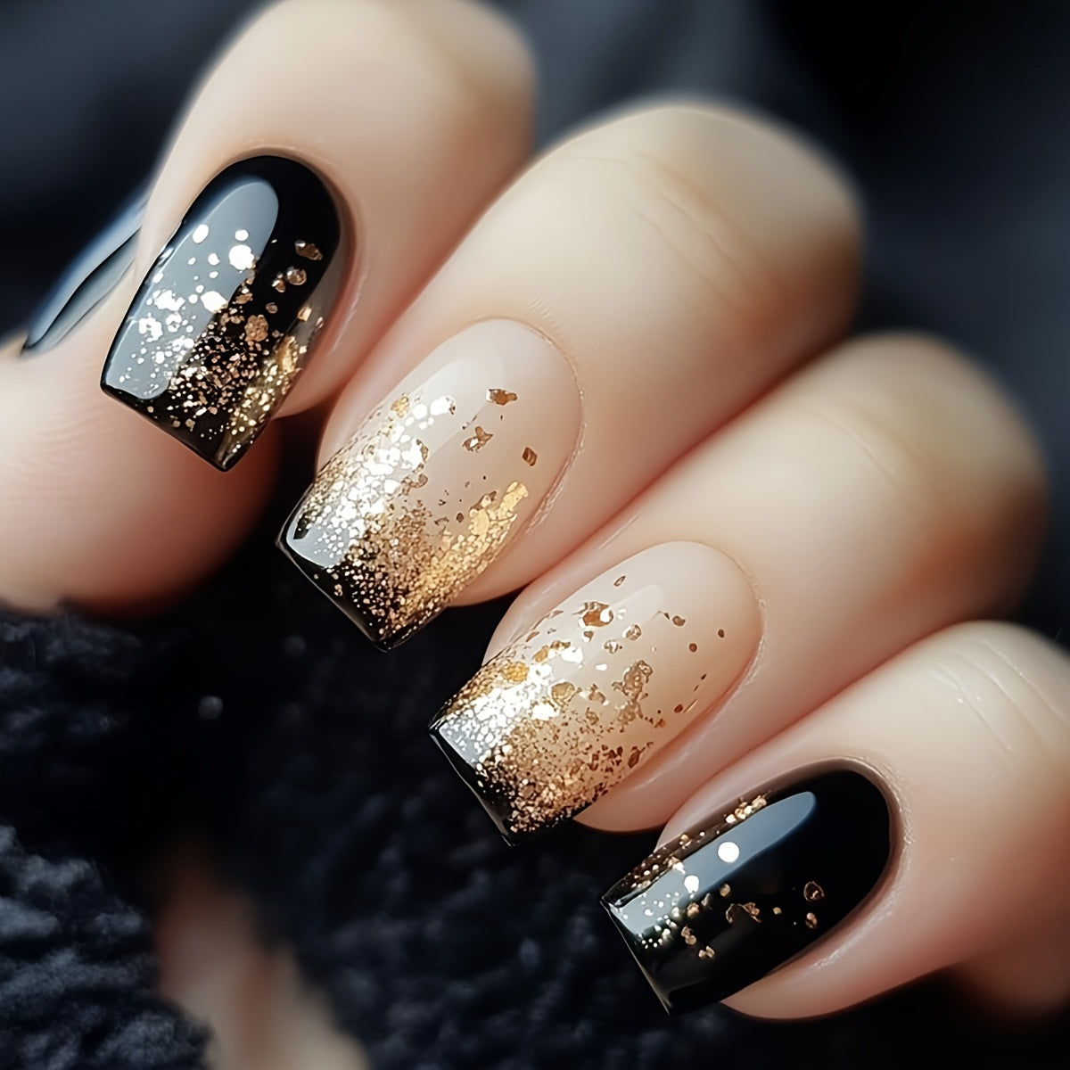 TEMU 24pcs Medium Square Golden Glitter Short Almond Nail Set | Elegant Black And Golden Glitter Design For Parties, Dances Casual Attire - Art,