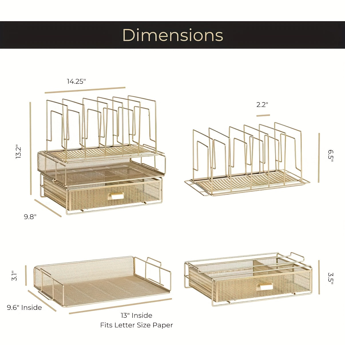 TEMU Golden Metal Desktop Organizer With Double Tray & 5 Upright Sections, File Holder For Papers, Devices, And Folders - Sleek Modern Storage