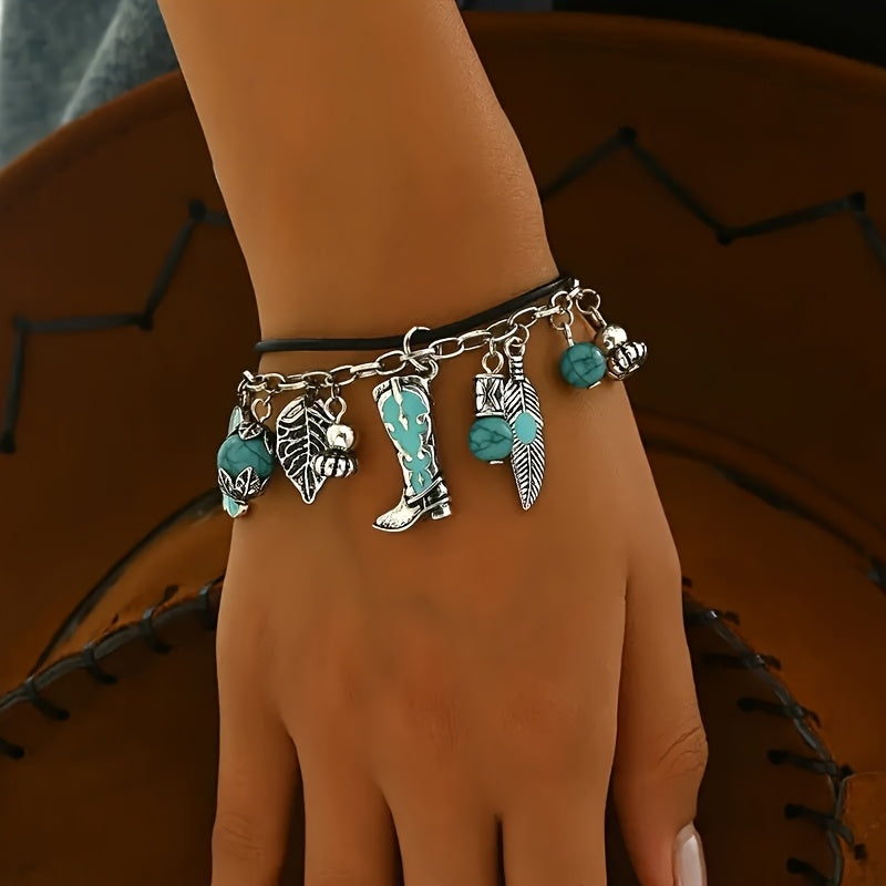 TEMU Vintage Boho Chic Double-layered Feather And Boot Pendant Bracelet - Alloy, Adjustable, Casual Attire Or Gifting