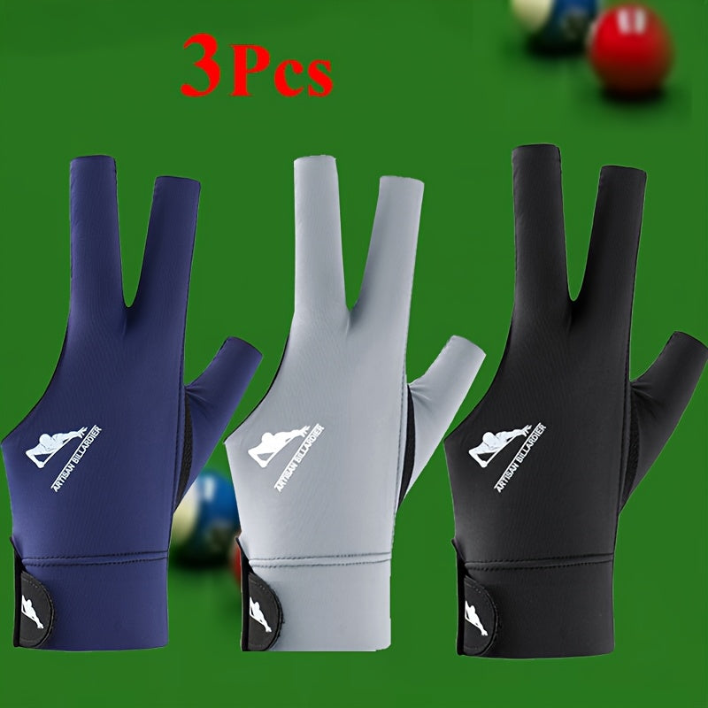 TEMU 3pcs Professional Left-handed Billiards Gloves, Breathable & Non-slip Grip For Snooker And Pool, Polyester Fiber, Hand Washable - Ideal For