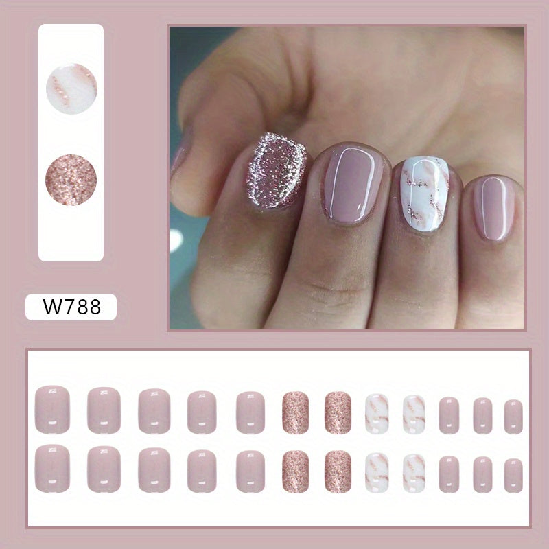 TEMU For Lotus Pink Short Stone Pattern Glitter Ombre Sparkle Nail Art European And Fashionable False Nails