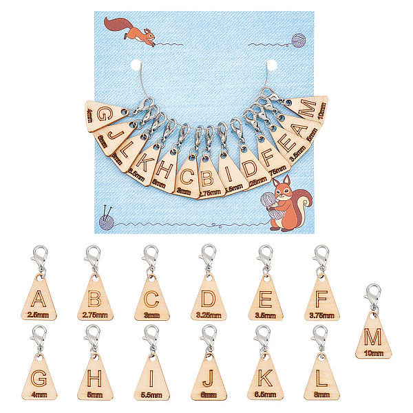13Pcs 13 Style Triangle with Letter L-M Wood Pendant Locking Stitch Markers