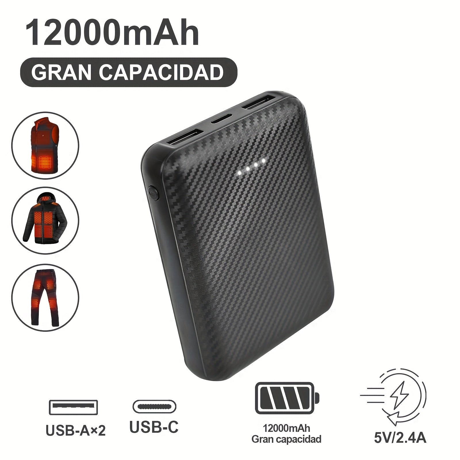 TEMU 12000mah Battery Pack For Vest - 5v-2.4a Power Bank For Jacket, Hoodie And Pants, Usb C Portable Charger Powerbank Compatible With