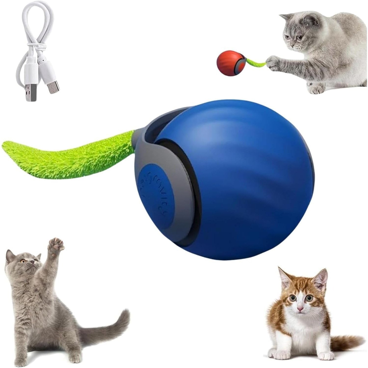 TEMU 2025 Hotsales Interactive Cat Toy Balls With Motion Sensor And Fur Tail, Durable Usb Rechargeable Pet Hunting Training Balls, Blue & Yellow -