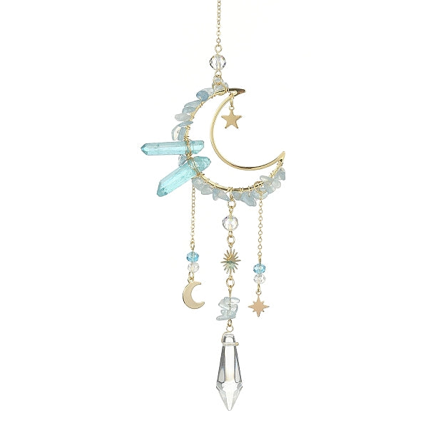 Natural Aquamarine Chips & Brass Moon Pendant Decorations