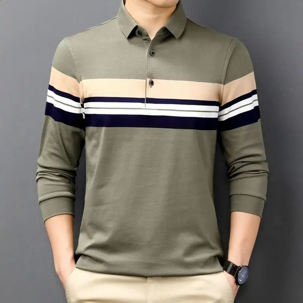Fashionable Spring Mens Polo Collar Long Sleeved Contrast Button Polo Shirt Autumn Loose Commuting Comfortable Casual Top 240813