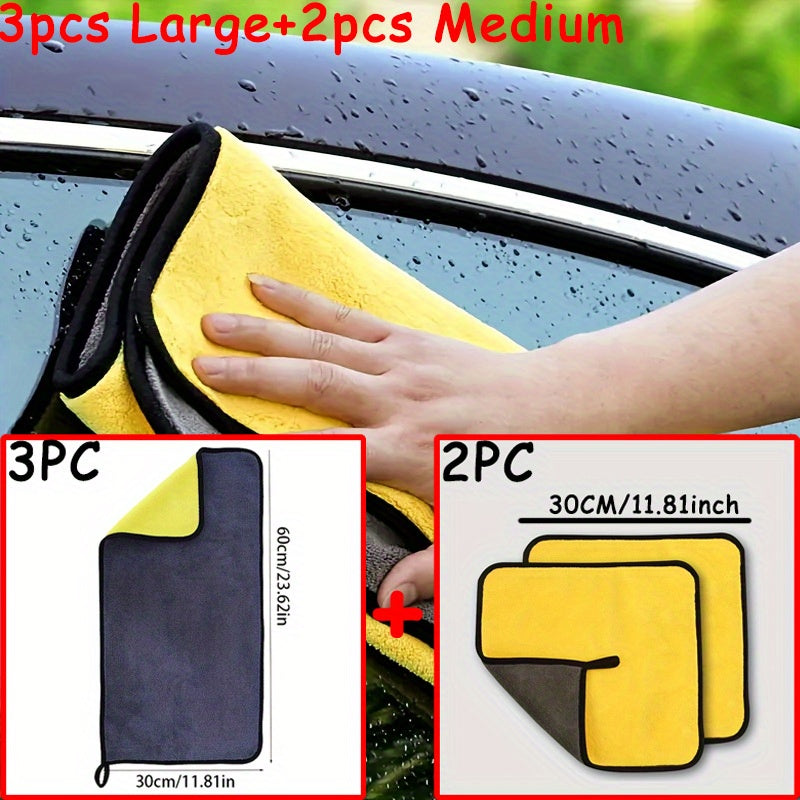 TEMU 5pcs Thickened Microfiber Car Wash Cloths - Super Absorbent Towels For Car Glass, Interior & Exterior Cleaning, Design, Durable Polyester