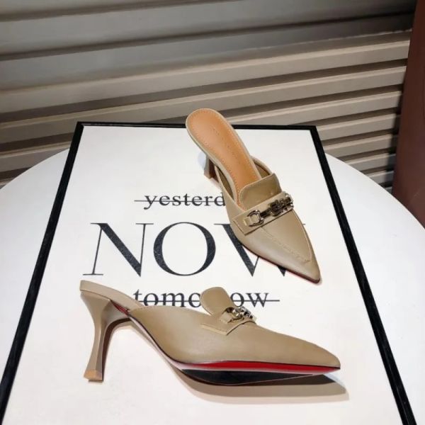 High-Heeled Outdoor Slippers Women&#039;s Shoes 2024 Summer Trends Fashion Metal Chain Spike Sandals Black Office Stiletto Mules 42 999d