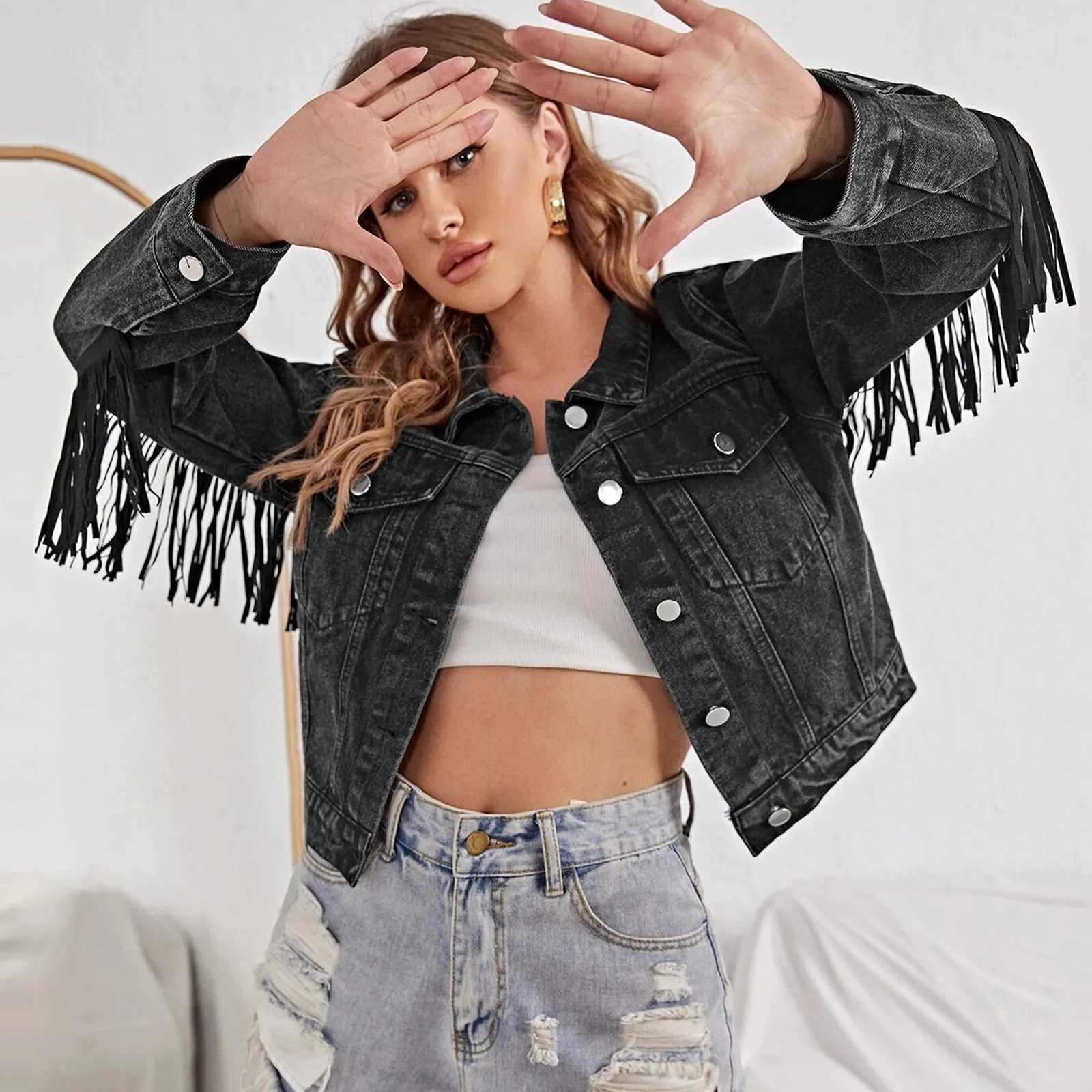 WomenS Crop Denim Jacket Long Sleeve Button Tassel Loose Jacket Coats With Fringe Ladies Outwear Commuting CardiganX240920