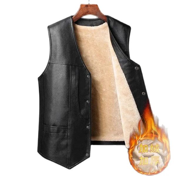 2024 Winter Men Thick Warm Fleece Leather Vest Coat Male VNeck Single Breasted Casual Clothing Outerwear 241129