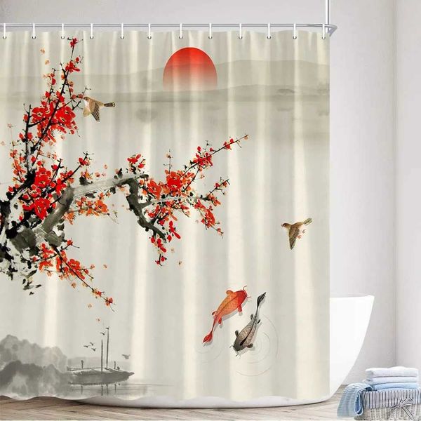 Flower pot shower curtain bird red flower koi fish ink plant mountain view water scenery fabric bathroom decoration bathroom curtain set W24