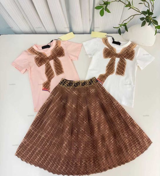 Fashion baby tracksuits summer girls dress sets kids designer clothes Big bows decorate T-shirts and Letter printed skirts