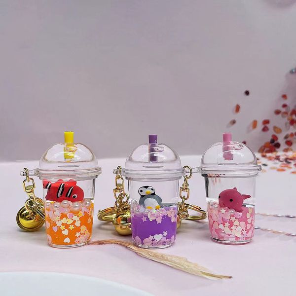 Party Favor Animal bubble milk tea keychain Creative Mini Coconut Beverage Acrylic Moving Liquid Oil Drop Jewelry Gift dh66