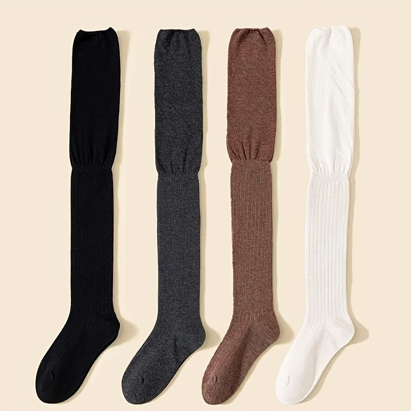TEMU 4 Pairs Women's Knee-high Socks - High Thin Long Stacked Solid Color Polyester Stockings, Machine Washable For Outdoor Casual & Casual Attire,