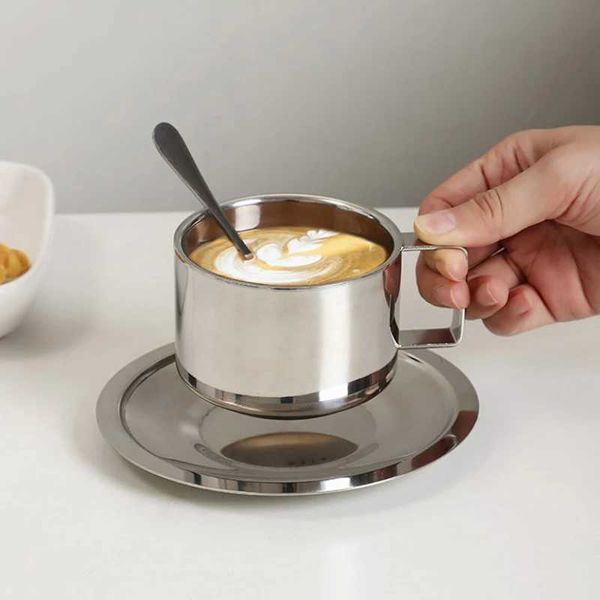 Conjunto de xícaras de café em aço inoxidável de 3 peças Copo resistente ao calor de parede dupla com molho Spoon Beverage Table Kitchen Cof