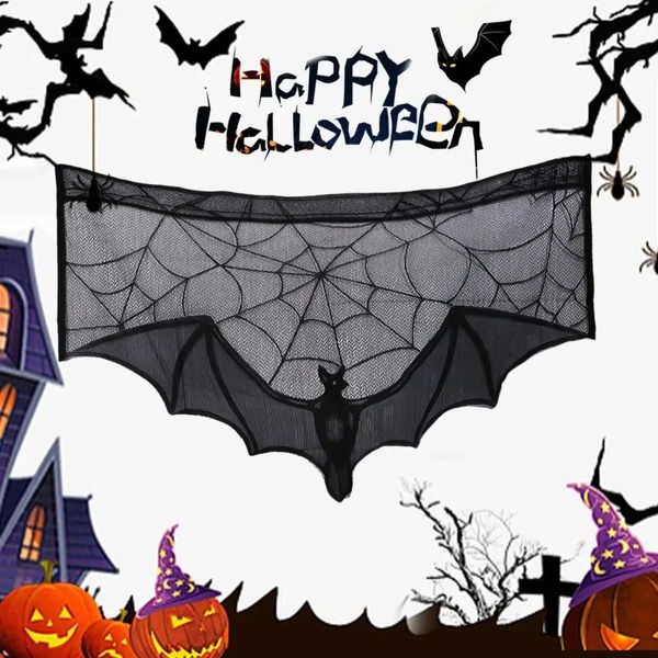 2PCS Halloween Lace Curtain Gothic Bat Tablecloth Fireplace Scarf Window Cover for Party Home Decoration Cobweb Horror HalloweenXJ240819