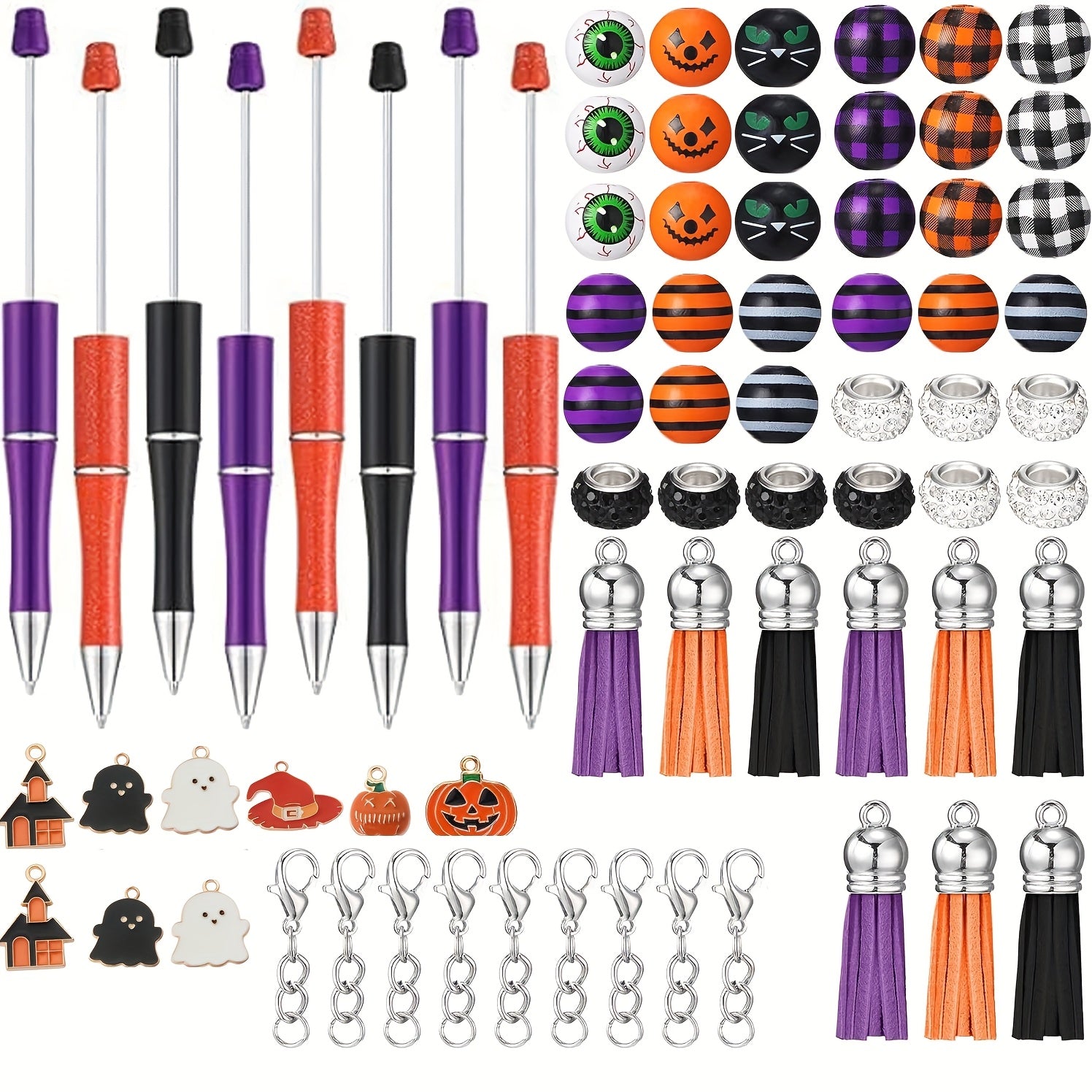 TEMU 72pcs Halloween Bead Pen Set, Including 9 Bead Pens, 9 Halloween Pendants, 36 Beads, 9 Tassels, And 9 Lobster Chains, Diy Pen Making Kit,