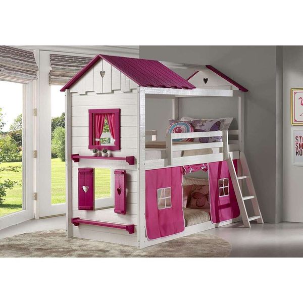Beds Twin Sweetheart Bunk Bed W-Pink Tent 83.19&quot;L 83&quot;W x 87&quot;H Fun House Theme -Open Roof Open Window White-Pink