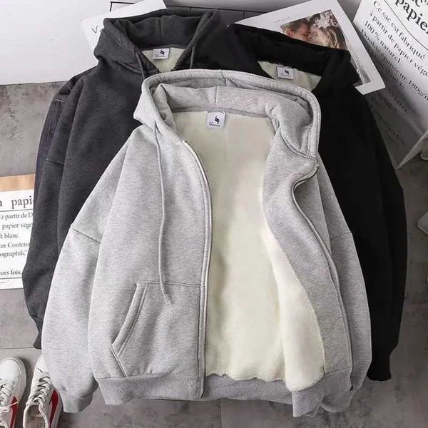 Trendy Sweatshirt Coat Front Pockets Warm Zipper Lamb Wool Jacket Men and Woman Winter Pure Color Plush Lined Cardigan HoodieXJ241206