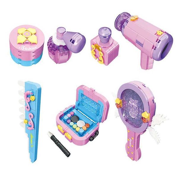 Blocks Blocks 7PC Creative Girl Dressing Accessories Hair Dryer Eye Shadow Box Mirror Perfume Building Blocks Bricks Toys Gifts H241111 Y250