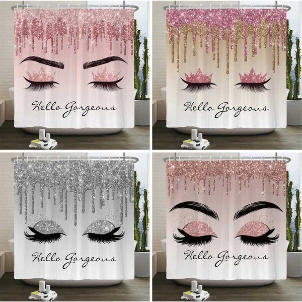 Girl Pink Silver Eyelash Shower Curtain Gorgeous Waterproof Polyester Fabric Bath Curtains Glitter Bathtub Screen with Hooks Y240815