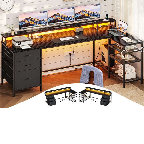 L Shaped Gaming 3 Drawers Reversible Computer Power Outlet LED Strip Home Office Desk with Storage Shees Monitor Shelf Mouse Pad z013