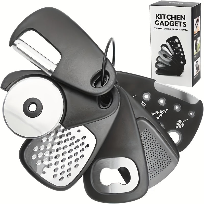 TEMU 6pcs Stainless Steel Kitchen Gadget Set, Portable Utensil Accessories For Rv Camping & Outdoor, Stackable With Pizza Cutter, Fruit Peeler,