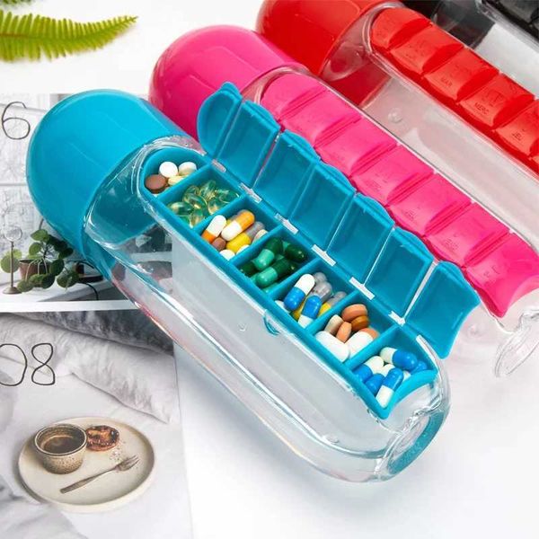 Portab water bottle with built-in pill box suitable for medication vitamins outdoor gym fitness cam and travel W241026