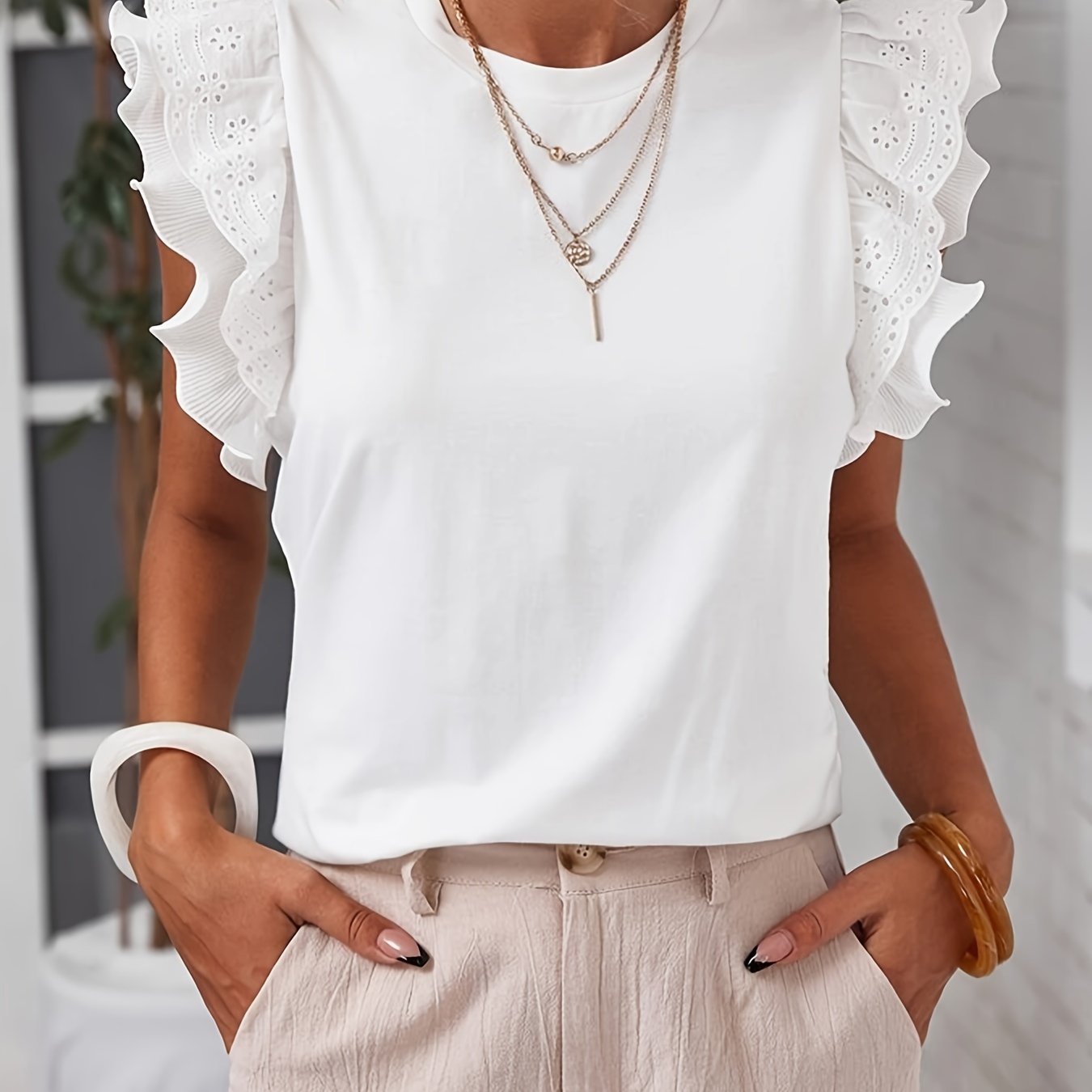 TEMU Women's Elegant Lace Trim Blouse - Summer Short Sleeve Round Neck Top With Stretch, Machine Washable Solid Color Shirt For Casual & Formal Wear,